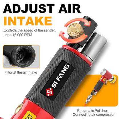 SI FANG Mini Random Orbital Air Sander Kit, Pneumatic Polisher 1/2/3 inch - style: 1"2"3" Buffer&Sander Kit Red