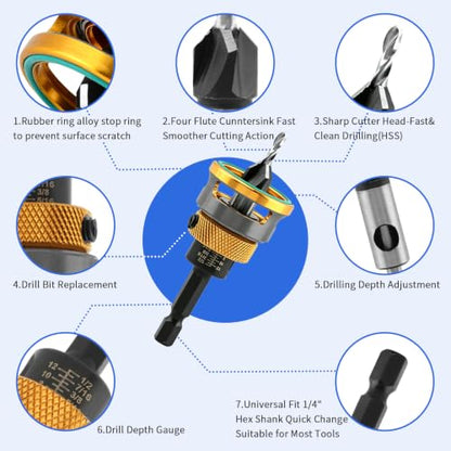 7PCS Countersink Drill Bits Set, Four-Flute Tapered Drill Bits, Alloy Countersink Bit for Wood, Include Adjustable Depth Stop Collar&Wrench for 82 Degree Woodworking, Plywood &MDF
