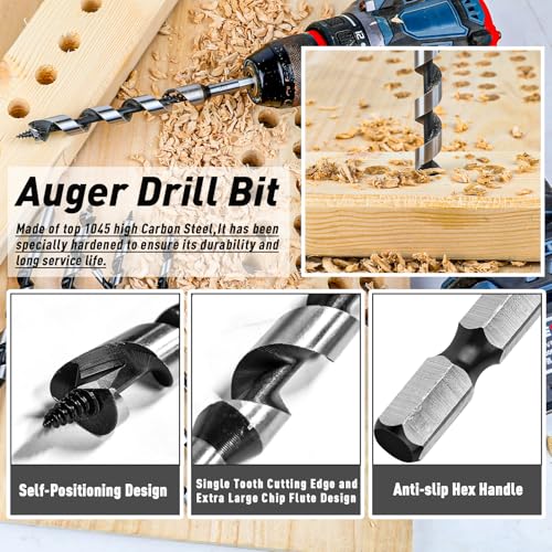 8Pcs 1/8"-1/2" Inch Auger Drill Bit Set for Wood with 1/4" Hex Shank