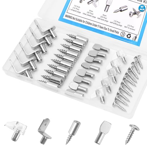 80 Pcs Shelf Pegs Pins Kit, 4 Styles Heavy Duty 5mm 1/4 Inch Shelf Support Pegs Holders, Nickel Plated Cabinet Shelf Clips for Kitchen Wood Shelves Bookcase