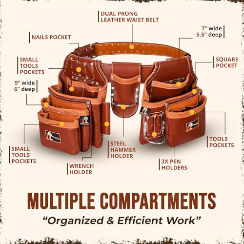 Daisy Leather Tool Belt Pro-202, 28 Pockets, Top Grain Leather, 2.5-inch Padded Belt, Fits 30-52 inch Waist, X-Large (Cherry, X-Large) - color: Cherry