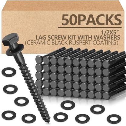 Tandefio 50 Pack 1/2''X 5'' Lag Bolts Screw with Washer Galvanized, Black - size: 1/2''x 5''