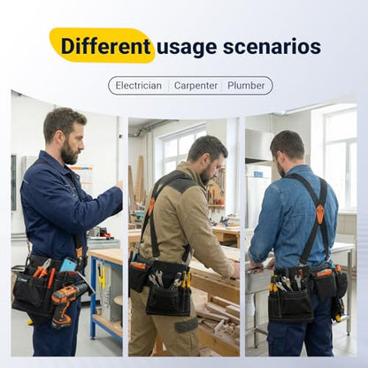MELOTOUGH 14-Pocket Tool Belt with Suspenders, Tool Rig Organizer (Black)