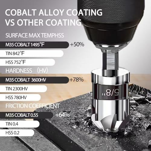Countersink Drill Bit Set, 6 Pieces M35 Cobalt HSS 5-Flute Pro-Grade Countersink Bits, 1/4 Inch Quick Change Hex Shank for Metal Wood Stainless Steel Carbon Steel Auto Repair Marine Use