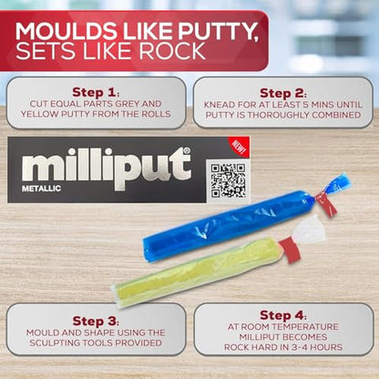 Milliput Epoxy Putty, Metallic - 2 Part Epoxy Putty Sculpting Clay for Modeling, Repairs, and DIY Projects - 4oz Pack (113.4g), Complete with Gloves