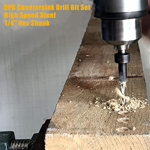 Wood Countersink Drill Bit Set, Newdeli 5Pcs Countersink Drill Bit #4、6、8、10、12, Tapered Drill Bits with 1/4" Hex Shank Quick Change and Allen Wrench, Counter Sinker Drill Bit Set for Woodworking - style: 5 Sizes Set(#4、6、8、10、12)