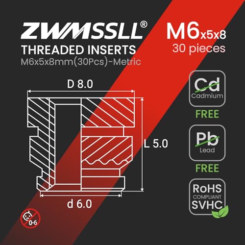 M6 Heat-Set Threaded Inserts, M6x5x8mm(30Pieces) Heat Set Insert for 3D Printing Components and Plastic Parts,Brass Metric Knurled Nuts - size: M6x5x8mm