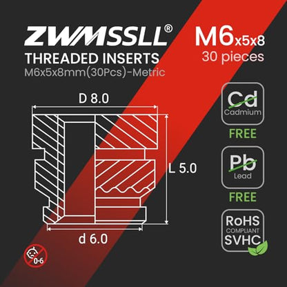 M6 Heat-Set Threaded Inserts, M6x5x8mm(30Pieces) Heat Set Insert for 3D Printing Components and Plastic Parts,Brass Metric Knurled Nuts - size: M6x5x8mm