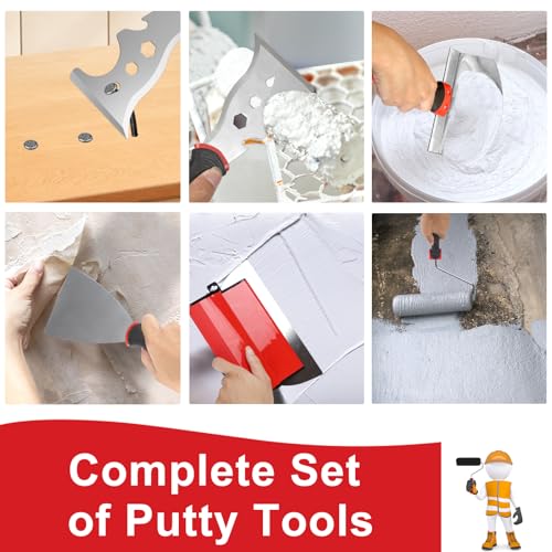 suokoun Drywall Skimming Blade Set with Case, 10/16/24/32inch Stainless Steel Skimming Blades, 7/9inch Compound Rollers, 28"-62" Extension Handle, Putty Knives Arc Scraper for Wallboard - size: 10+16+24+32inch