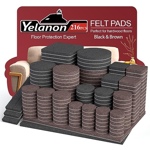 Felt Furniture Pads for Hardwood Floors -Yelanon Felt Pads for Chair Legs - size: 216 pcs Black & Brown