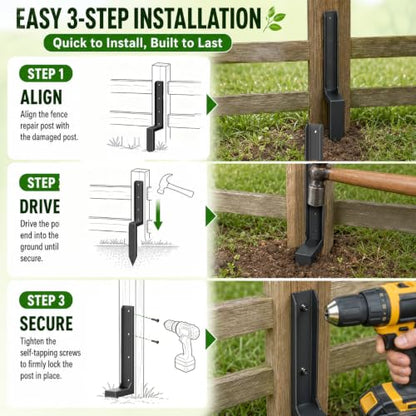 Fence Post Repair Kit, Heavy Duty Fence Post Anchor for Wooden Fence Repair, No Dig Post Support Bracket, Fence Repair Kit for Broken Wood Fence Posts (2 Pack)