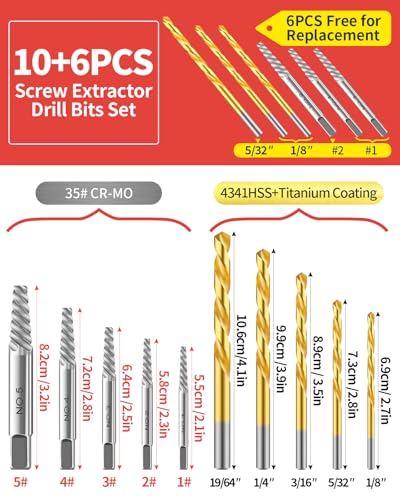 16PCS Screw Extractor Set with Left Handed Drill Bits Easy Out Bolt Remover Kit for Stripped Broken Damaged Rusted Screws and Rounded-Off Bolts