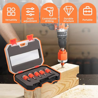 5-Piece Wood Countersink Drill Bit Set with Adjustable Depth Stops - style: Drill Bit