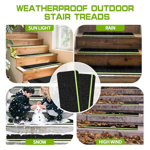 LadyRosian Outdoor Stair Treads Non Slip 10-Pack Black Glow 6" x 24" - Weather Resistant Adhesive Heavy Grip Tape - Waterproof Anti Skid Strips- Glow in The Dark 80-Grit Adhesive Treads - color: Dark, size: 6" x 24"