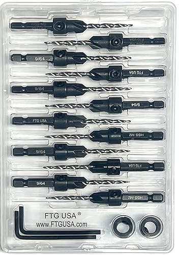 FTG USA 12 Pc #6 (9/64") Tapered Countersink Drill Bit Set with 2 Stops - size: #6, style: Same Sort 12 Pc