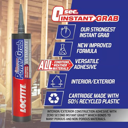 Loctite Power Grab Ultimate Construction Adhesive, 9 fl oz Cartridge, 1 Pack - Versatile High Strength, Wide Temperature Range Construction Glue - size: 9 fl oz Cartridge, Pack of 1