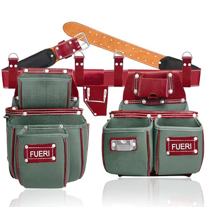 FUERI Carpenter Tool Belt made with Nylon & Grain Leather comes with Adjust to fit Padded Belt, Pouches with multiple pockets, Suspender loops, and a Hammer Holder (Free Suspender at Check Out) - color: Green & Maroon Tool Belt