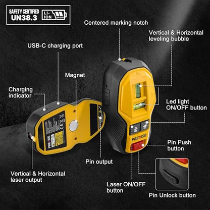 PREXISO 2-in-1 Rechargeable Cross Line Laser Level & Magnetic Nail Detector