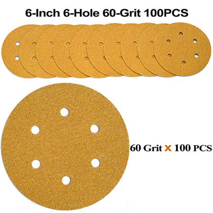 6-Inch 6-Hole Hook and Loop Gold Sanding Discs 60-Grit, 100-Pack