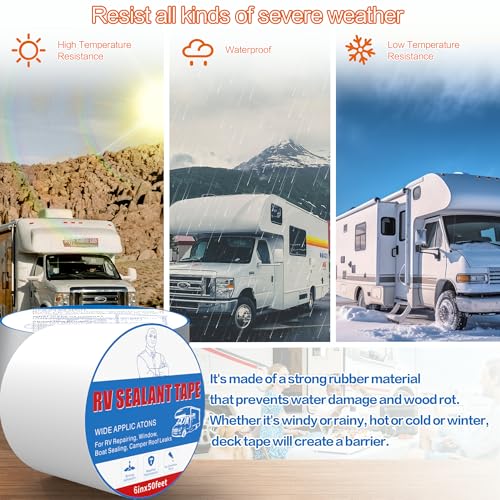 Rv Roof Tape White 6 Inch X 50 Feet, Waterproof Repair Sealant Tape UV-Resistant & Weatherproof Rv Awning Repair Tape for Window, Vent, Boat Sealing, Truck Camper Roof Patch kit Metal Roof Sealant - style: 6in*50ft