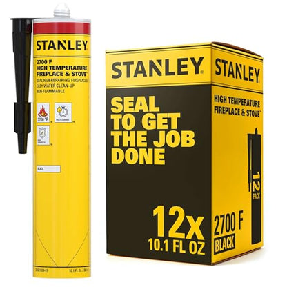 Stanley 2700F High Temp Black Fireplace & Stove Sealant (12x10.1oz) – Heat Resistant Fire Caulk for Chimneys, Ovens, Grills, Wood Stoves – Non-Flammable, Fast Drying, Paintable – Cartridge, 12 Pack - size: 12 Pack