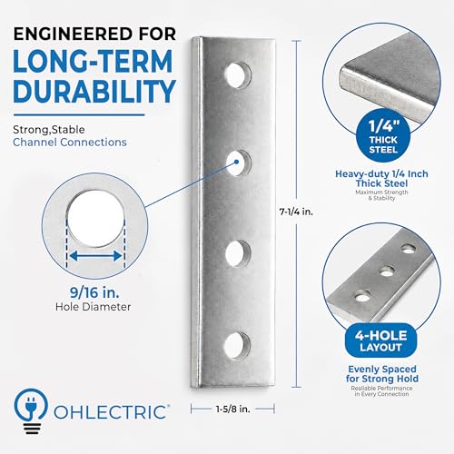 OHLECTRIC (5 Pack) 4-Hole Joist Splice Plates – Premium Zinc Electroplated Steel | 1-5/8" x 1/4", 9/16" Holes – Heavy-Duty Brackets for Wood, Metal, Framing & Furniture Repair - style: 4 Hole Splice Plate