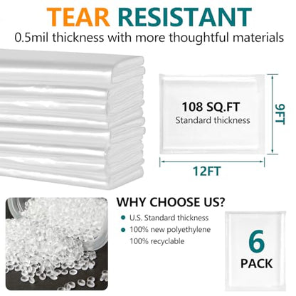 12x9ft Plastic Drop Cloths - Disposable Painter's Sheeting for Floor/Furniture/Car Protection,Paint Drop Cloth (6-Pack) - color: 6-Pack