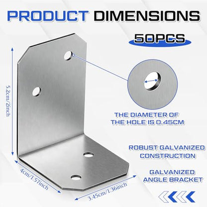 Hicarer 50 Pcs 2" x 1-1/2" x 1-3/8" Galvanized Angle Bracket, L Shape Heavy Duty Corner Brackets for Wood, 90 Degree Metal Steel Corner Brace for Framing Fence, Furniture, Bed, Timber, Shelf - size: 2" x 1-1/2" x 1-3/8"