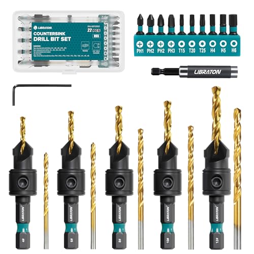 LIBRATON Countersink Drill Bit Set, 22 PCS Wood Counter Sink Drill Bit