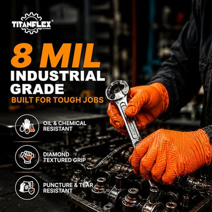 TitanFlex Heavy Duty Industrial Orange Nitrile Gloves, 8-mil, Gloves Disposable Latex Free with Raised Diamond Texture Grip, Powder Free, Rubber Glove, Mechanic Gloves,100-ct Box (XL) - color: 02 8mil (100ct), size: X-Large