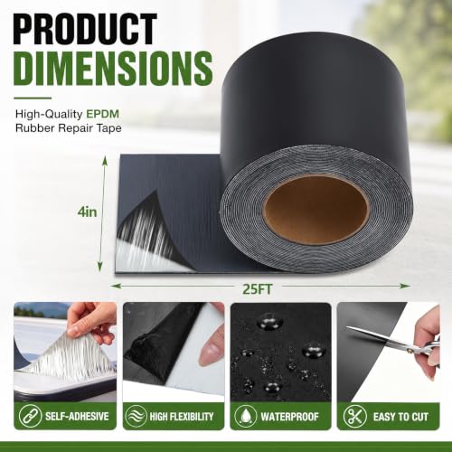 Pushglossy 4" x 25ft Epdm Rubber Roofing Seam Butyl Tape 50 Mil, Black - color: Black, size: 4 Inch X 25 Feet