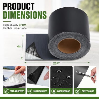Pushglossy 4" x 25ft Epdm Rubber Roofing Seam Butyl Tape 50 Mil, Black - color: Black, size: 4 Inch X 25 Feet