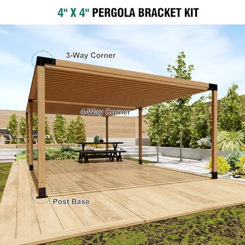 HAYOHRT Pergola Brackets, Woodworks Pergola Kit 4PC 3-Way Corner Bracket & 2PC 4-Way Bracket & 4PC Post Base for 4x4'' (Actual: 3.5x3.5'') Wood Beams Elevated Wood Stand Kit Pergola/Gazebo Kit - size: 4P 3-Way Bracket + 2P 4-Way Bracket + 4P Base