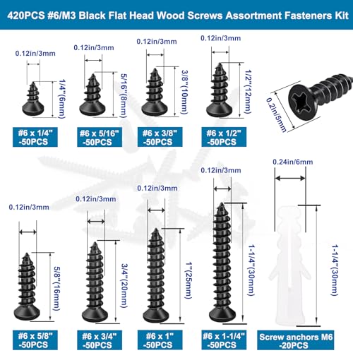 #4 Small Wood Screws Assortment Kit 420PCS, Black Short Phillips Flat Head Self Tapping Cabinet Hinge Screws, Hardened Carbon Steel Tiny Micro Mini Screws with 20Pcs M6 Wall Anchors - size: 420pcs-9 SIZES