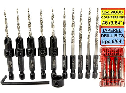 FTG USA 5 Pc #6 (9/64") Countersink Drill Bit Set with 5 Replacement Bits - size: #6