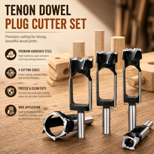 Wood Tenon Dowel Plug Cutter 5Pcs Set Tenon Cutter Plug Maker Woodworking Drill Bit - size: 5pcs set