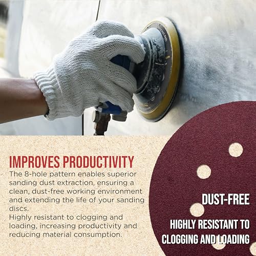 ProductionShop Premium 5" Red 8-Hole Pattern 100 Grit Sanding Discs, Box of 50 - Dustless Hook & Loop Backing Sandpaper for Random Orbital Sanders, Medium-Cut Abrasive - Woodworking, Sand Auto Paint - style: 100 Grit