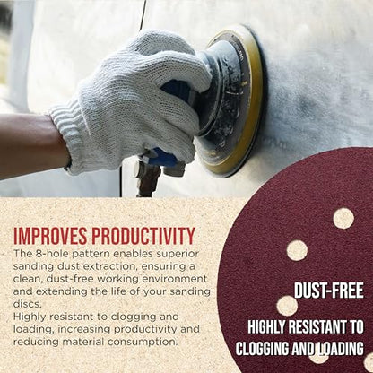ProductionShop Premium 5" Red 8-Hole Pattern 100 Grit Sanding Discs, Box of 50 - Dustless Hook & Loop Backing Sandpaper for Random Orbital Sanders, Medium-Cut Abrasive - Woodworking, Sand Auto Paint - style: 100 Grit