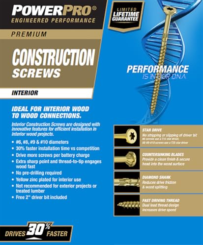 Power Pro 295 Pc Interior Wood Screws (#10 x 3-1/2") | Star Drive Flat Head Fastening Screws | No Split Twist Shank Wood Screws for Framing Structural Interior Wood Projects