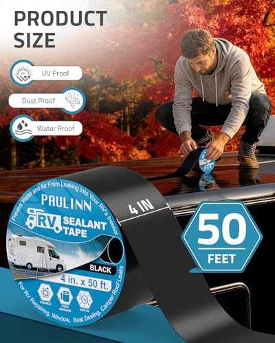 PAULINN RV Camper Roofing Repair Sealant Tape Black, 4 Inch X 50 Foot Natural Rubber Roof Sealing Tape, UV & Weatherproof Roof Seal Tape for RV Camper Trailer Boat Sealing Leak Repair - style: 4in*50ft, Black