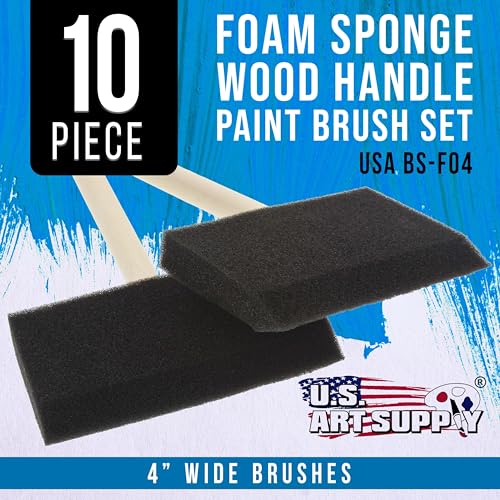 US Art Supply 4 inch Foam Sponge Wood Handle Paint Brush Set, 10-Pack