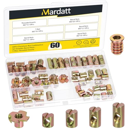 60PCS M6 x 10/12/15/20mm Barrel Nuts, Yellow Zinc-Plated Carbon Steel Cross Dowels Slotted Barrel Nut, M6 x 15mm Threaded Inserts with M6 x 10mm T-Nuts Kit, for Wood Furniture Screw - color: Zinc Yellow, size: M6 x 10/12/15/20mm