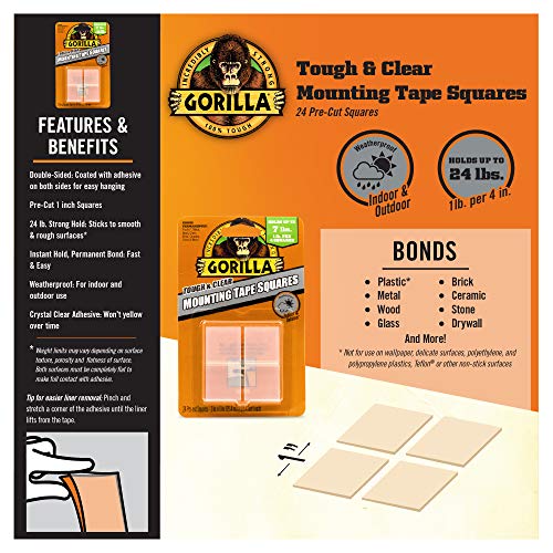 Gorilla Tough & Clear Double Sided Tape Squares, 24 1" Pre-Cut Mounting Squares, Clear, (Pack of 2)