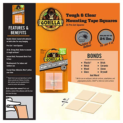 Gorilla Tough & Clear Double Sided Tape Squares, 24 1" Pre-Cut Mounting Squares, Clear, (Pack of 2)
