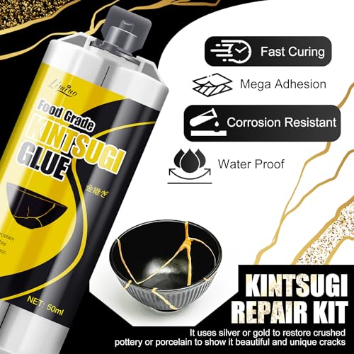 Kintsugi Repair Kit - Gold ＆ Silver Food Safe Glue for Pottery and Porcelain Repair, Ceramic Repair Resin for Bowls, Plates, Vases, Jades, Newbie Friendly, Meaningful Presents for DIY Art Enthusiasts