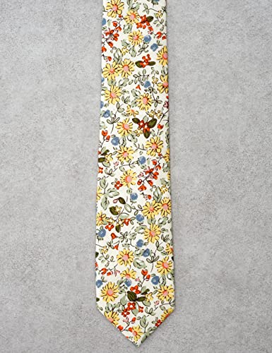 Cotton 2.5-Inch Skinny Floral Tie and Pocket Square Set for Men - color: Daisy Beige