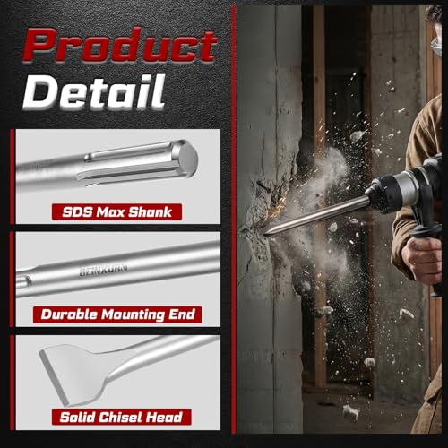 GEINXURN SDS MAX Chisels, 1 PC 1.6inx12in Self-Sharpening Tile Chisel, 40Cr Steel 25° Cranked Bent Chisel for Cinder Block, Concrete, Brick, Mortar, Masonry - color: 1 Pc Sds Max Bent Chisel