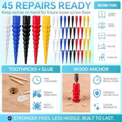 Bokon 45 Pcs Wood Anchor, Stripped Screw Hole Repair Kit,Multicolor