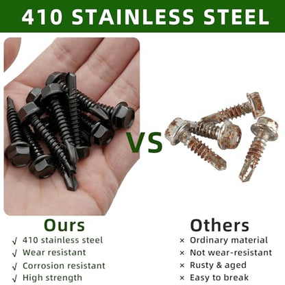 Mellewell #8 x 1-1/2" Hex Washer Head Self Drilling Screws, Self Tapping Sheet Metal Screws, 410 Stainless Steel, Black Finish, 100 PCS - color: Black, size: #8 x 1-1/2"
