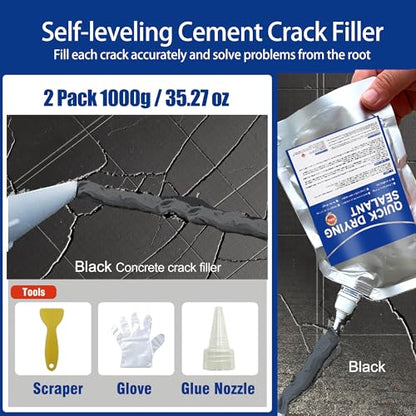 Concrete Crack Filler and Sealant, Quick Drying High Elasticity Cement Crack Filler, Waterproof Repair, Self-Leveling Concrete Slab Repair for Driveway, Patio (Black, 35.27 OZ) - color: Black, size: 35.27 OZ